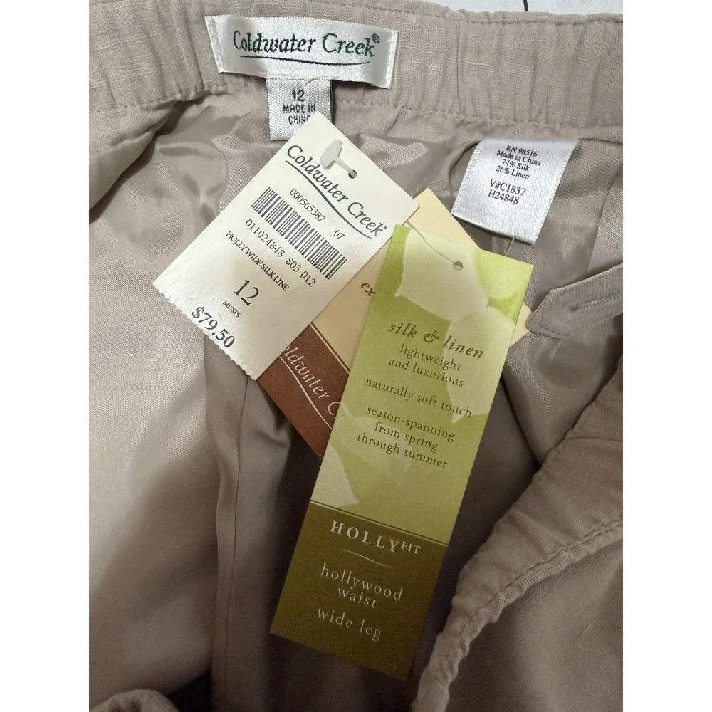 NWT Coldwater Creek Silk & Linen Wide Leg Pants Women's 12 Holly Fit Side Zip
